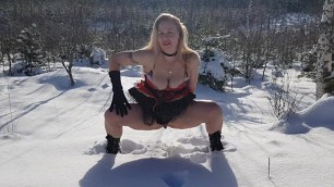 Little Red Riding Hood Hopping out to Pee in the Snow when Filming Porn in the Finnish Forest