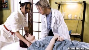 Hot threesome fuck with busty doctor and trans nurse