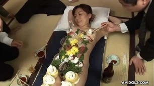 Old perverted businessman eat some sushi of hot chicks body