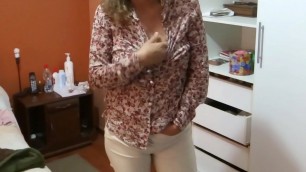 Colombian mature comes home from work very excited&comma; shows off and touches herself&comma; asks her to fuck a well-endowed young Latino